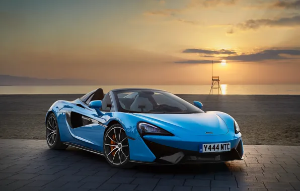 Картинка море, закат, McLaren, кабриолет, голубая, Spider, 570S