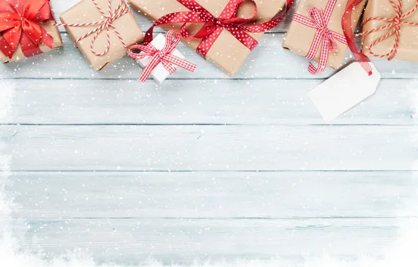 Картинка снег, фон, праздник, доски, рождество, подарки, Новый год, Merry Christmas