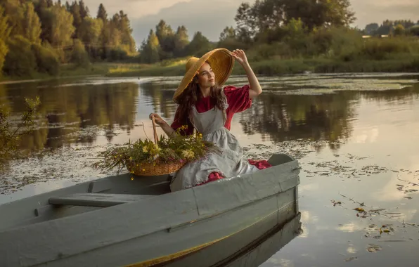 Деревья, поза, корзина, лодка, шляпка, водоем, очаровательная девушка, Шепелева Татьяна
