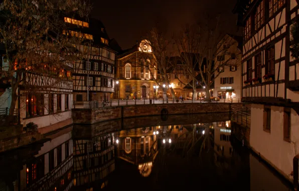 Ночь, огни, Франция, дома, канал, Страсбург