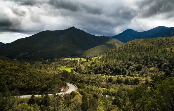 Картинка дорога, облака, деревья, горы, Франция, долина, Corsica