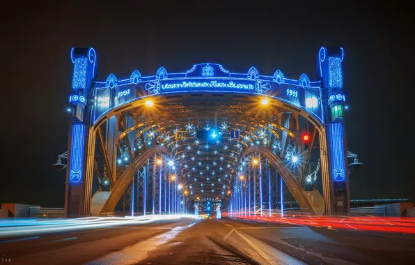 Дорога, мост, Санкт-Петербург, Россия, иллюминация, Большеохтинский мост