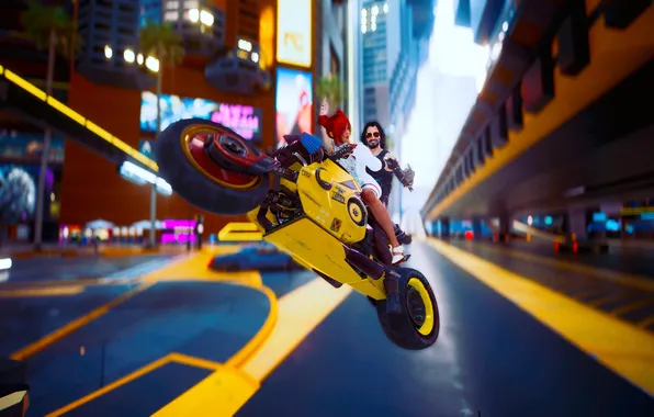 Девушка, Мотоцикл, Киану Ривз, Cyberpunk 2077, Киберпанк 2077, Белое платье, Трюк, Трюкач