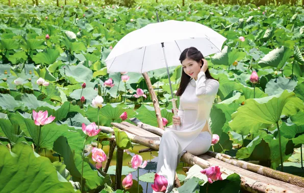 Девушка, природа, зонтик, отдых, платье, сидит