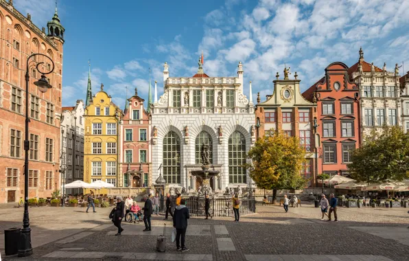 Здания, дома, площадь, Польша, фонтан, архитектура, Poland, Gdansk