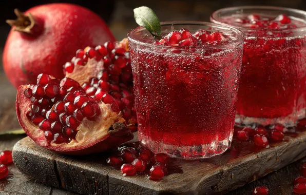 Капли, доски, сок, стаканы, холодный, напиток, фрукты, гранаты