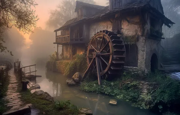Пейзаж, водяная мельница, ИИ-арт, нейросеть