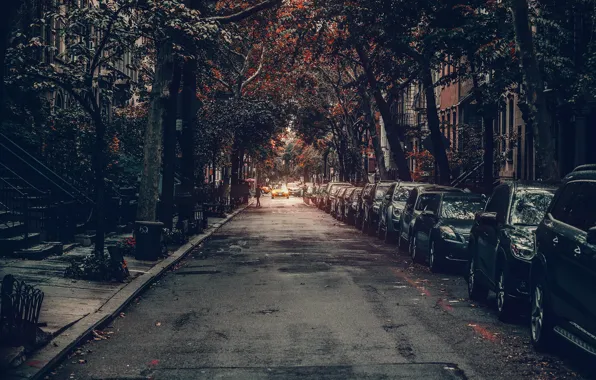 United States, cars, New York, Manhattan, autumn, street, people, houses