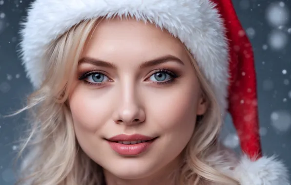 Зима, взгляд, девушка, снег, крупный план, улыбка, портрет, макияж