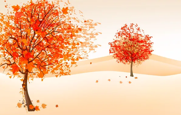 Картинка осень, деревья, ветер, листва, рисунок