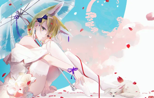 Девушка, зонт, лепестки, ушки, фенек, Arknights, Suzuran