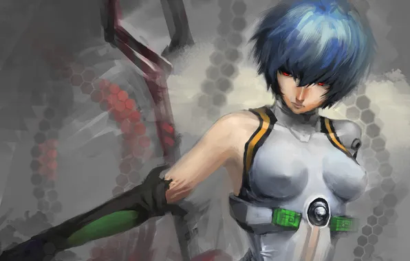 Девушка, абстракция, рука, арт, красные глаза, neon genesis evangelion, shameimaru aya, shuyinnosi