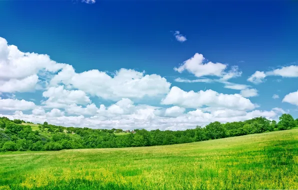 Картинка небо, трава, облака, деревья, холмы, домики