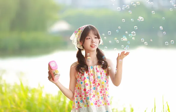 Grass, Beautiful, Asian, Model, Bubbles, Water, Smile, Woman