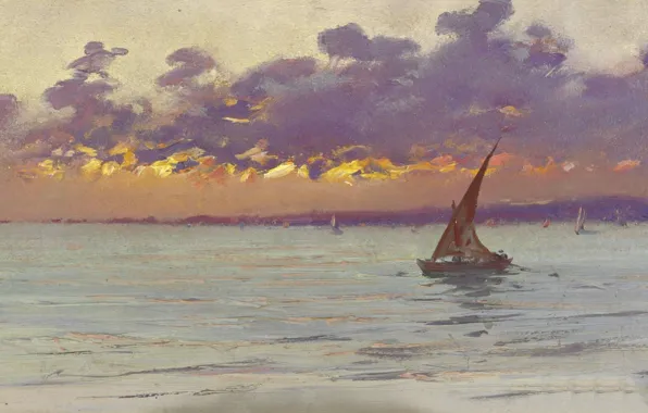 Картинка лодка, картина, парус, Fausto Zonaro, Вид с Набережной Патры, Фаусто Зонаро