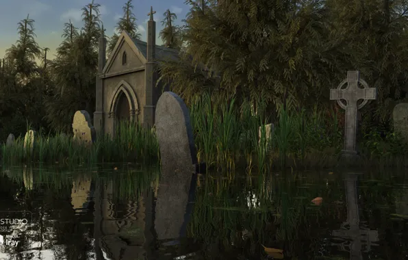 Вода, камыш, храм, водоём, Flooded Cemetery