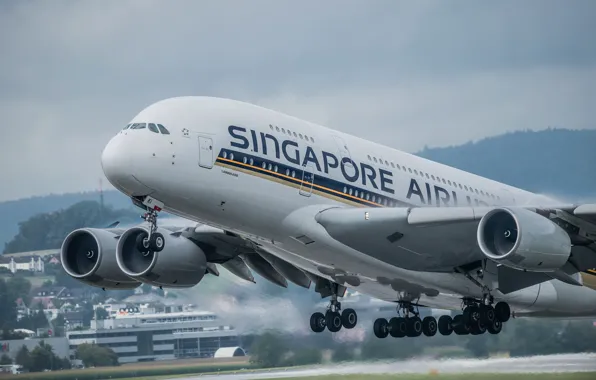 Картинка самолёт, реактивный, A380, пассажирский, широкофюзеляжный, двухпалубный, четырехдвигательный, Singapore Airlines