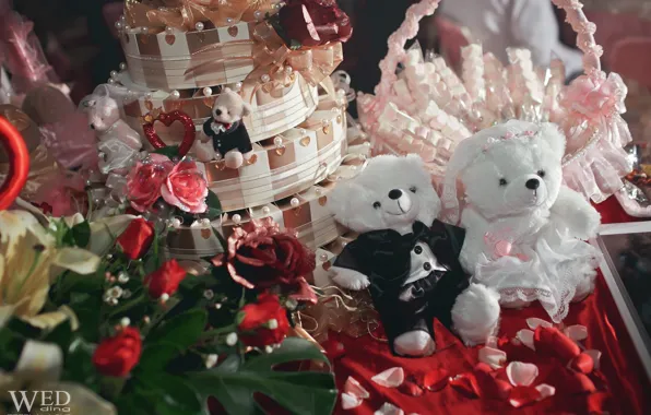Картинка дизайн, игрушки, розы, медведь, мишка, невеста, свадьба, жених