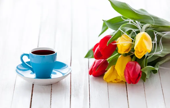 Картинка цветы, букет, colorful, тюльпаны, flowers, tulips, coffee cup, bouquet