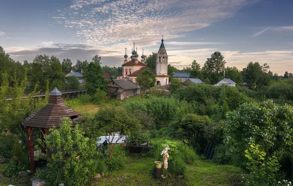 Лето, вечер, церковь, дворик, Вологодская область, Устюжна