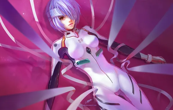 Девушка, ленты, арт, повязка, neon genesis evangelion, ayanami rei, лежа, бинты