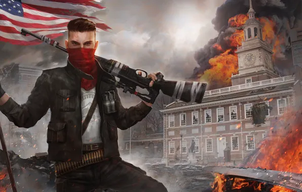 Картинка город, огонь, флаг, арт, солдат, мужчина, винтовка, Homefront: The Revolution
