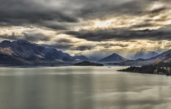 Картинка горы, тучи, озеро, Новая Зеландия, Гленорчи