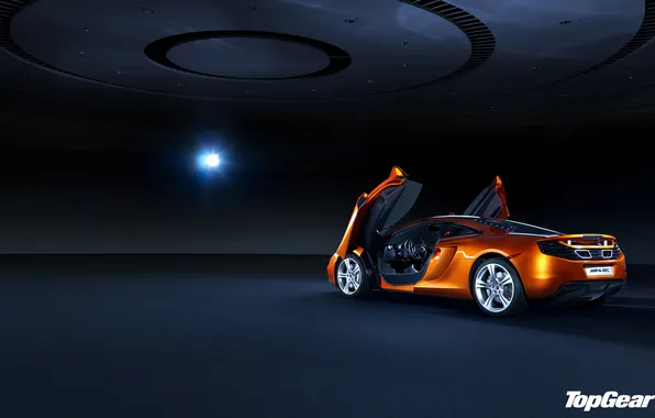 Картинка свет, фон, McLaren, двери, Top Gear, суперкар, полумрак, вид сзади