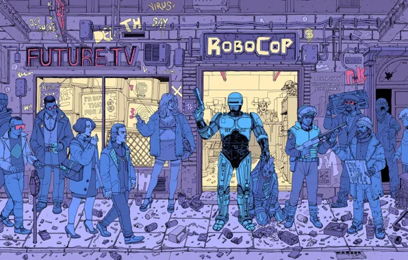 Робот, Пистолет, Роботы, Улица, Полиция, Люди, Girl, Fantasy