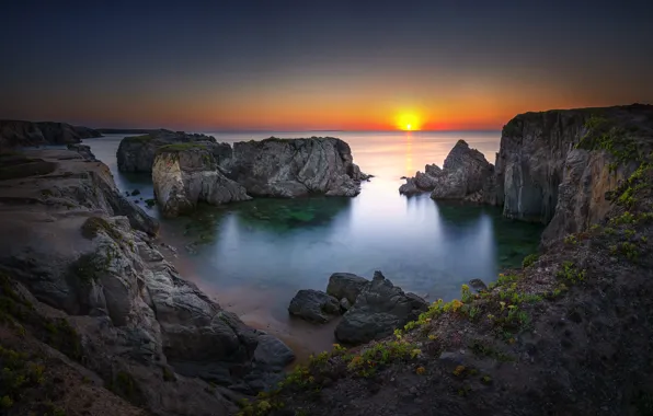 Море, солнце, закат, камни, скалы, берег, вечер