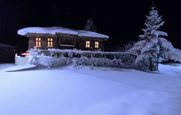 Картинка зима, небо, снег, ночь, дом, дерево, ель, звёзды