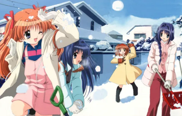 Зима, снег, девочки, игра, аниме, арт, Kanon