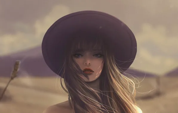 Девушка, лицо, шляпа, длинные волосы, art, размытый фон, Jennyshiii