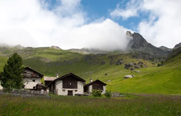 Картинка зелень, трава, горы, холмы, дома