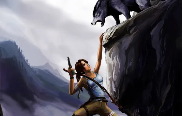 Картинка девушка, скала, волк, хищник, лук, арт, висит, Tomb raider