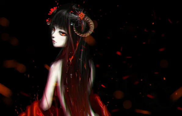 Картинка цветы, красный, Девушка, рога