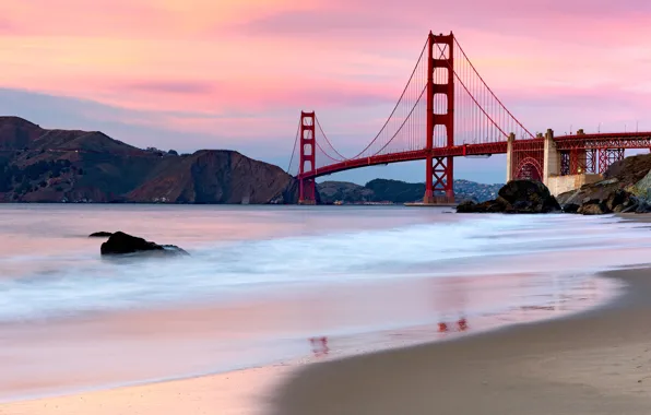 Картинка море, закат, мост, пролив, вечер, Сан-Франциско, Золотые Ворота, Golden Gate Bridge