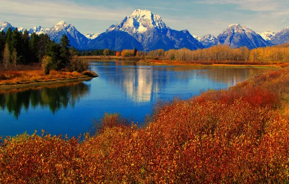 Картинка осень, небо, деревья, горы, озеро, отражение, река, Вайоминг