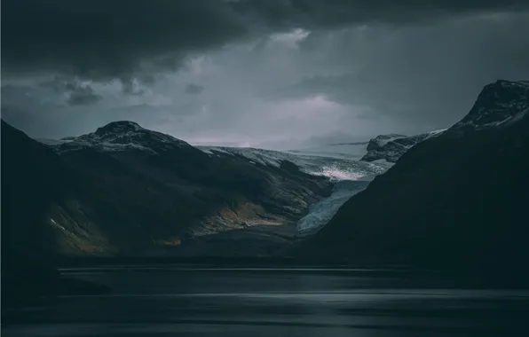 Море, небо, горы, тучи, природа, скалы, ледник, Норвегия
