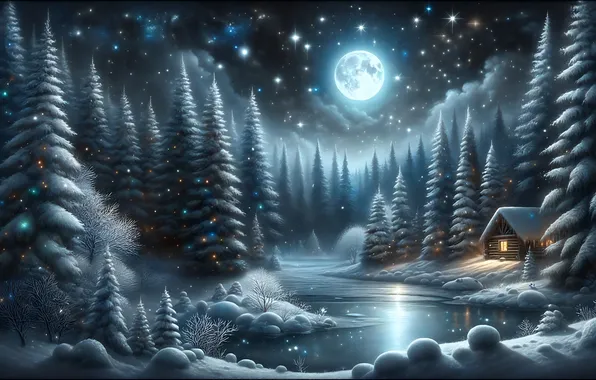 Зима, снег, ночь, дом, река, луна, звёзды, ели
