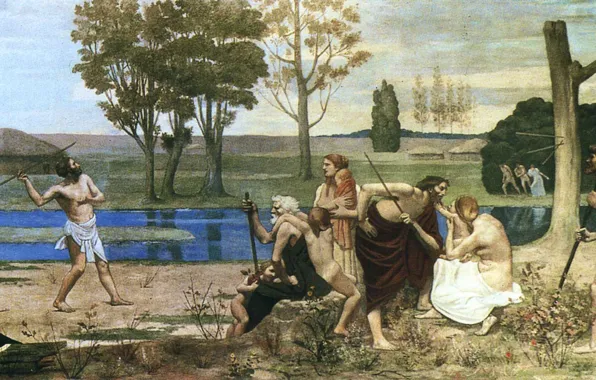 Река, люди, картина, сюжет, хижина, охотник, библия, Puvis de Chavannes