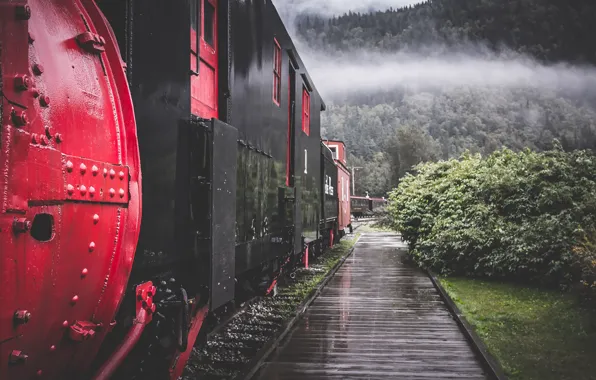 Mountains, clouds, train, railway, railroad, rainy