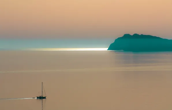 Картинка море, закат, природа, туман, лодка, остров, цвет