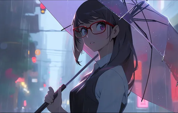 City, school uniform, rain, long hair, umbrella, glasses, anime girls, schoolgirl