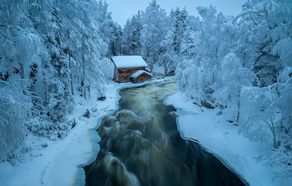 Картинка зима, лес, снег, река, мельница, хижина, Финляндия, Finland