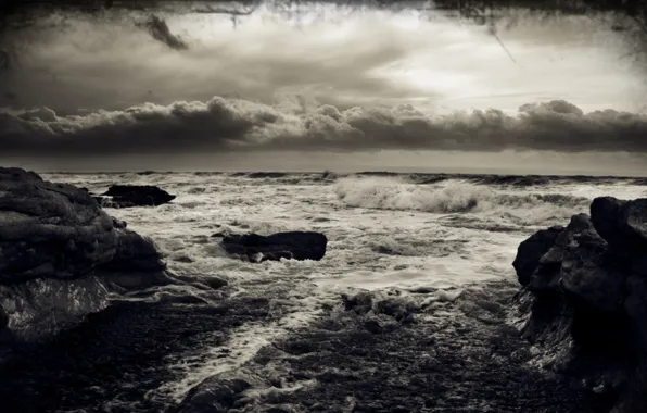 Картинка волны, пена, тучи, шторм, природа, камни, ветер, морская