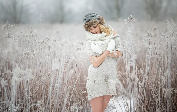 Зима, трава, снег, модель, шапка, портрет, макияж, шарф