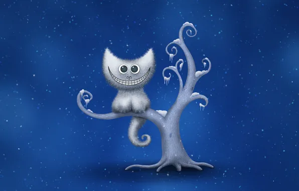 Картинка зима, снежинки, улыбка, дерево, чеширский кот