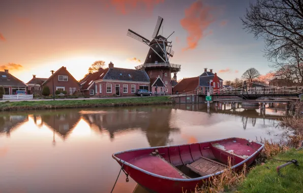 Картинка пейзаж, мост, город, река, лодка, дома, мельница, Нидерланды