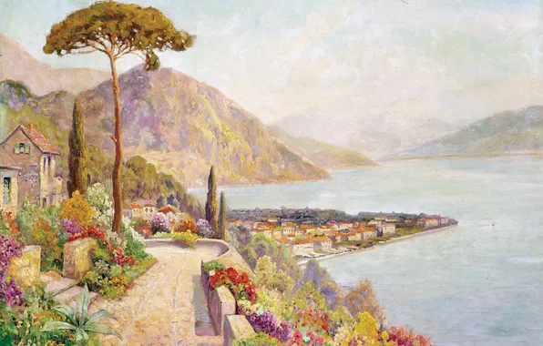 Дома, Горы, Озеро, Деревья, Картина, Побережье, Alois Arnegger, Алоис Арнеггер